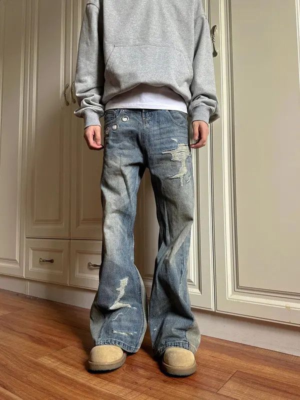 Jean Distressed Wide Leg Flare Jeans With Button Accents Size US 33 - 2 Thumbnail