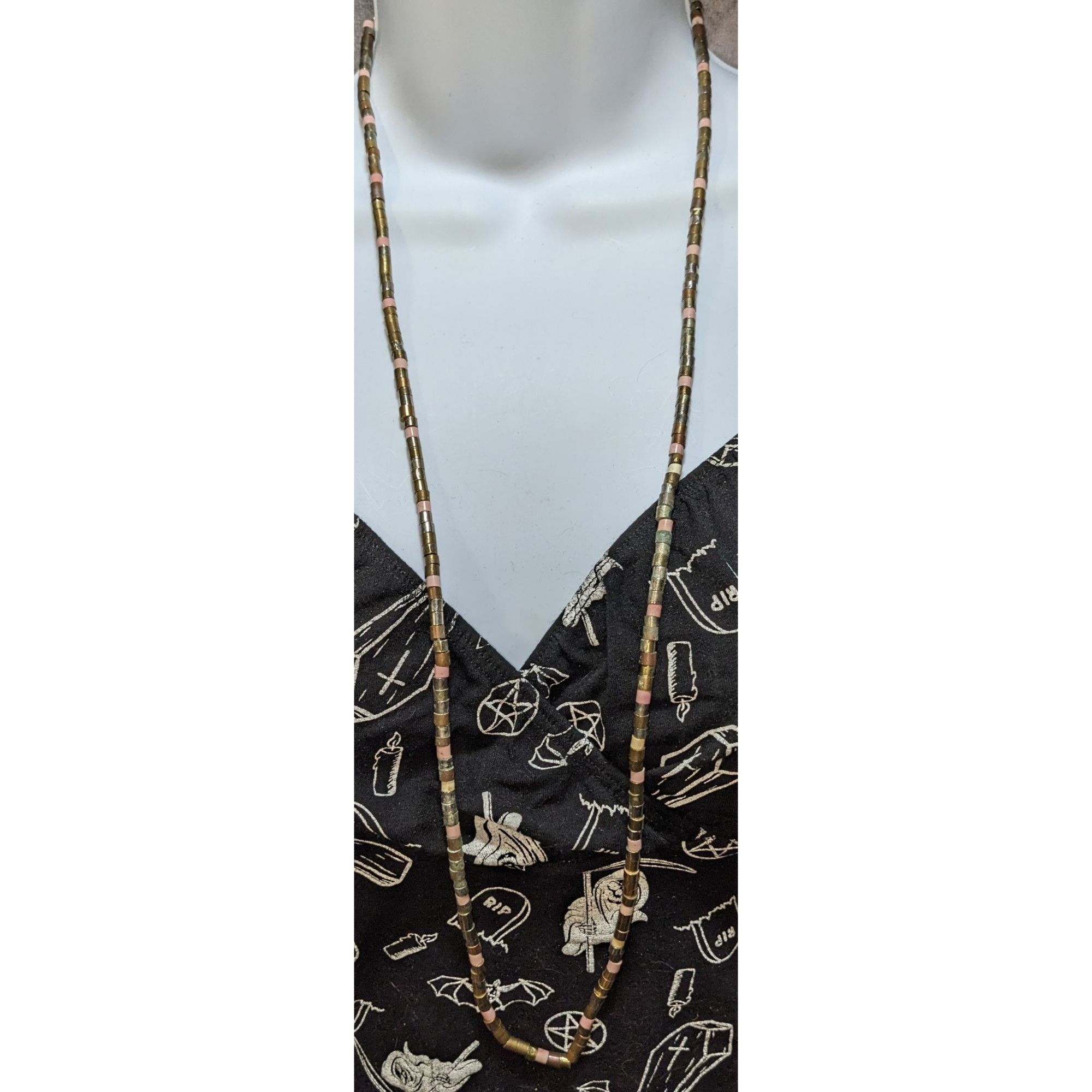 Other Vintage 34-Inch Brass & Pink Beaded Necklace With Cylindrica Size ONE SIZE - 3 Thumbnail