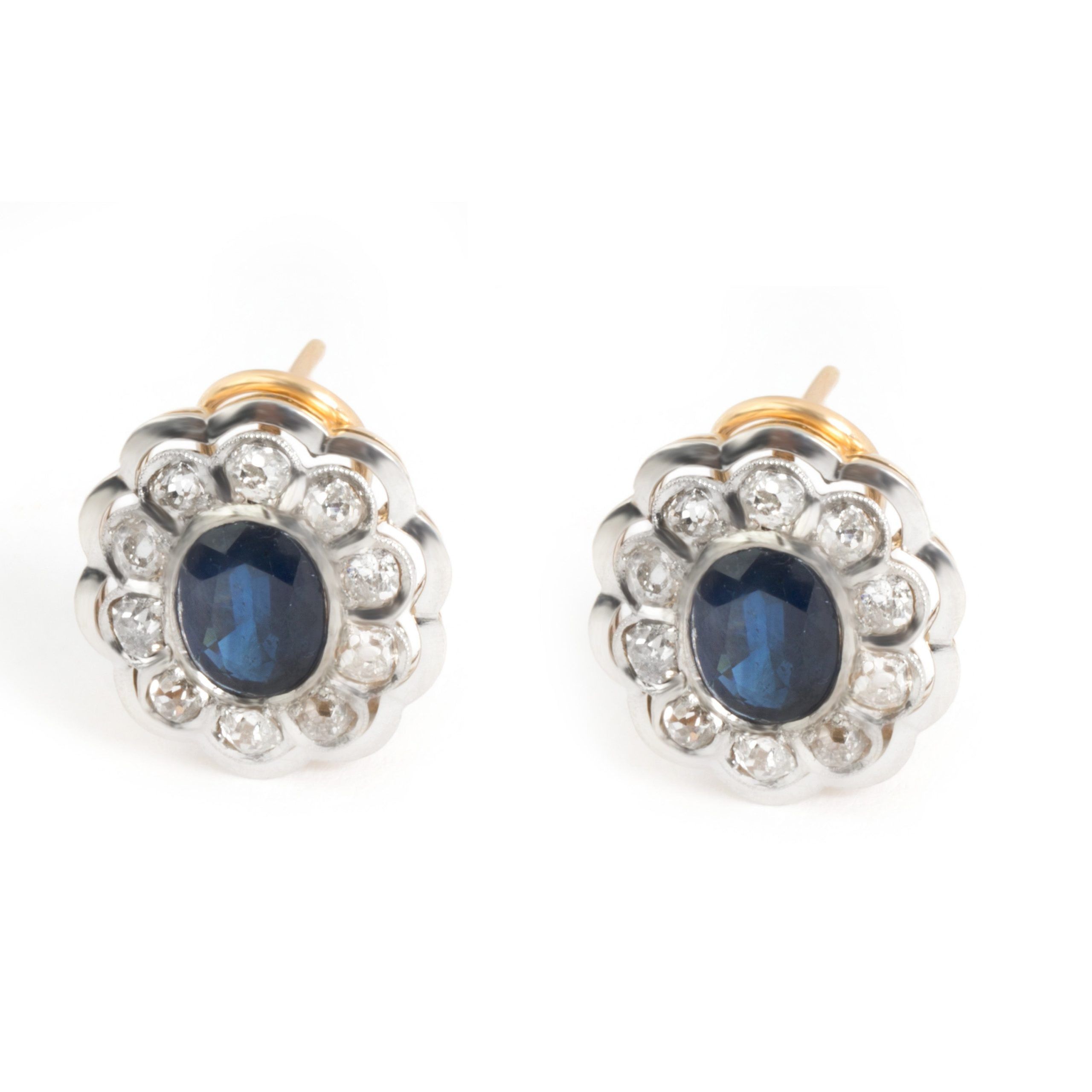 image of Estate Sapphire & Diamond Flower Earrings In 14K Yellow Gold, Women's