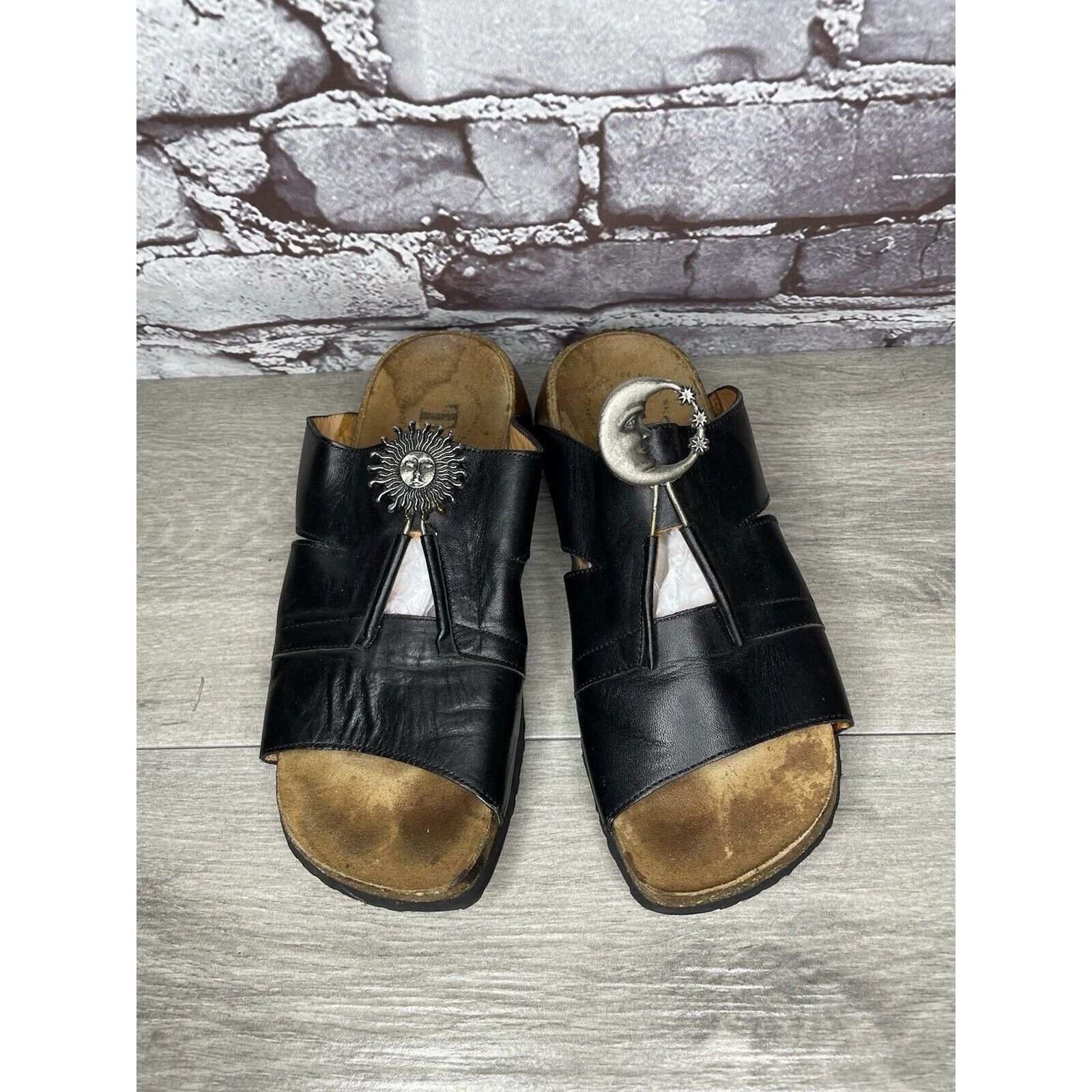 Other Think! Black Leather Cork Sun Moon Silver Wedge Sandals Wome Size US 6.5 / IT 36.5 - 16 Thumbnail