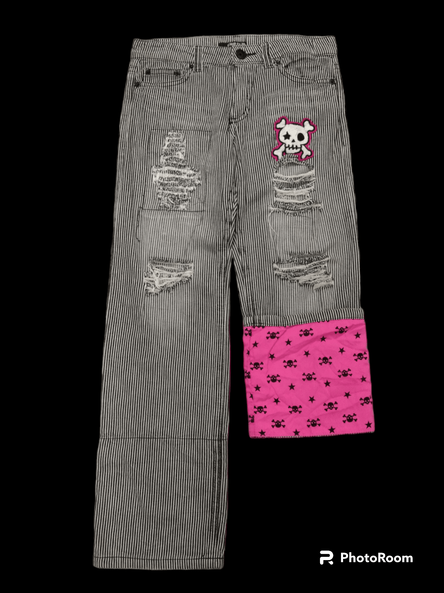 Image of Hype x Hysteric Glamour Sick Riped Hickory Stripe Skull Pacthwork, Men's (Size 31)