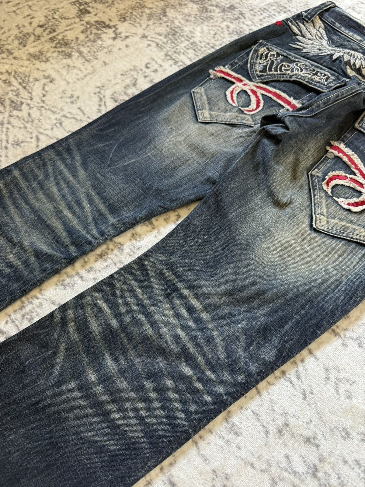 If Six Was Nine Red Pepper Japan Goth Skull Wings Embroidered Flared Jeans Size US 30 / EU 46 - 11 Thumbnail