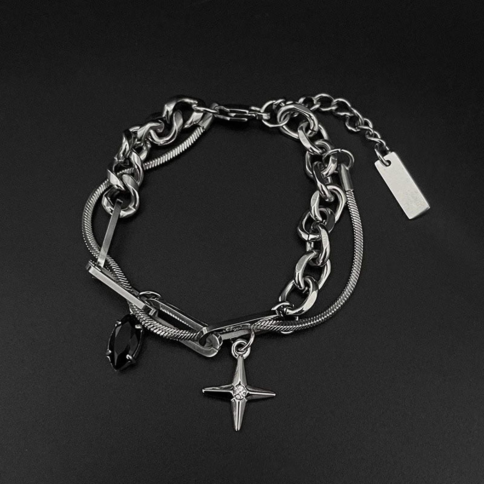 Jewelry Silver Chain Bracelet with Cross and Black Gem Charms Size ONE SIZE - 4 Thumbnail
