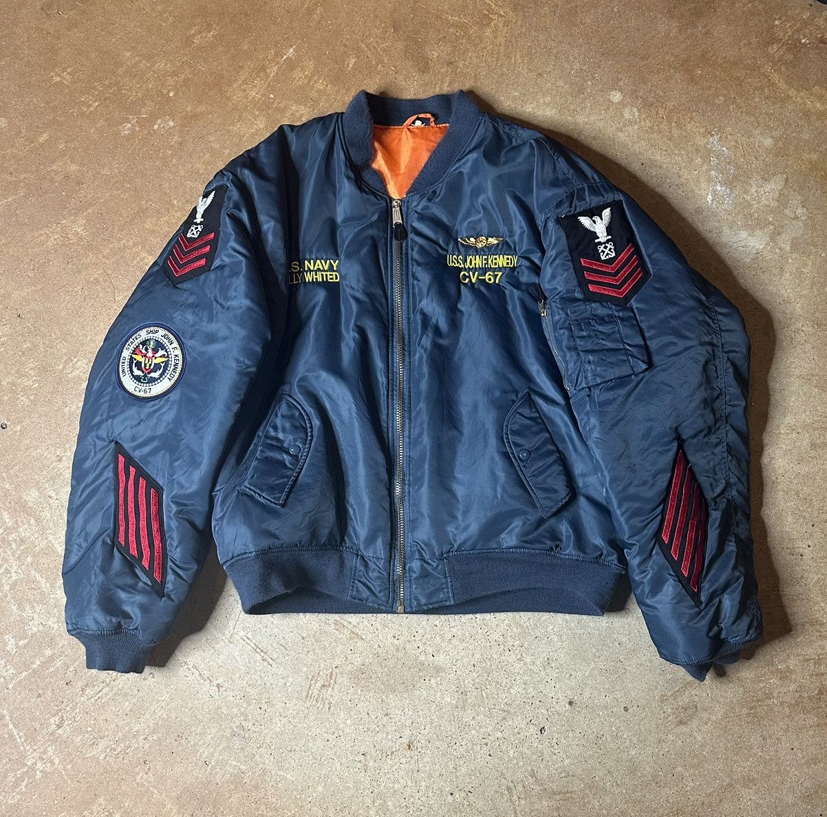 Vintage Oversized 90s Navy Bomber Jacket Size US XXL / EU 58 / 5 - 1 Thumbnail