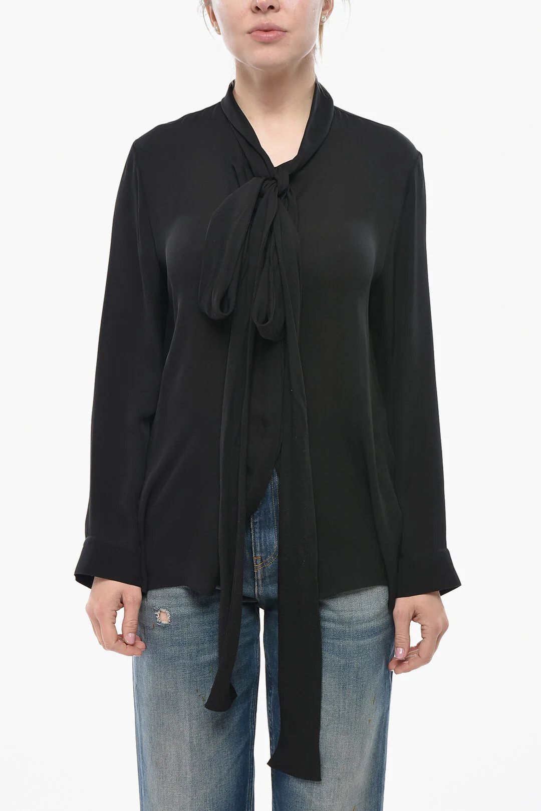 KHAITE og1mm0426 Silk Chiffon Tie Neck Shirt in Black Size L / US 10 / IT 46 - 1 Thumbnail