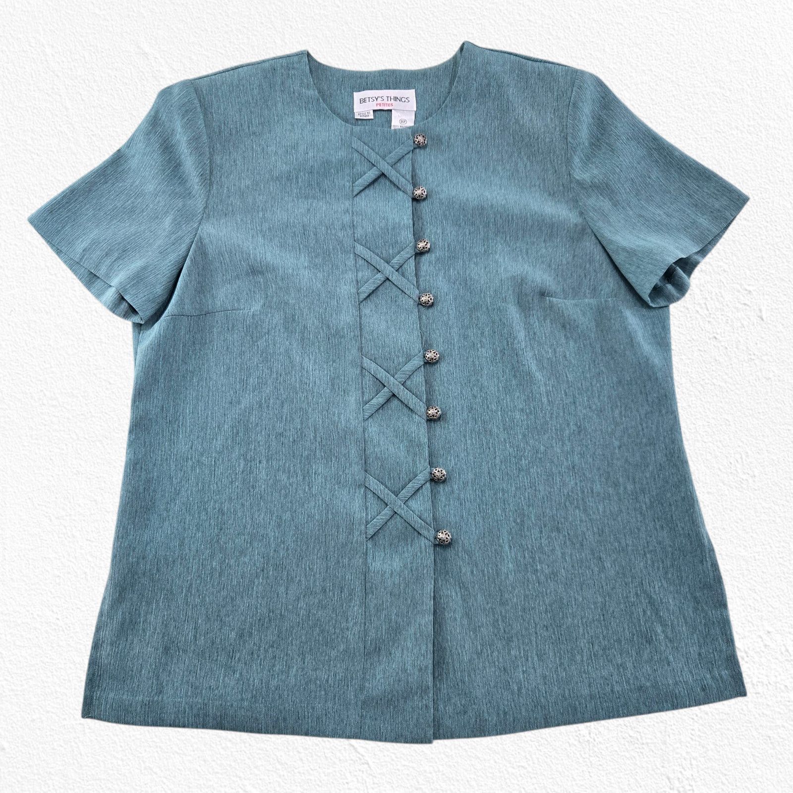 Vintage 1990s Teal Short Sleeve Silver Button Front Blouse Size 16P Size XXL / US 16-18 / IT 52-54 - 2 Thumbnail