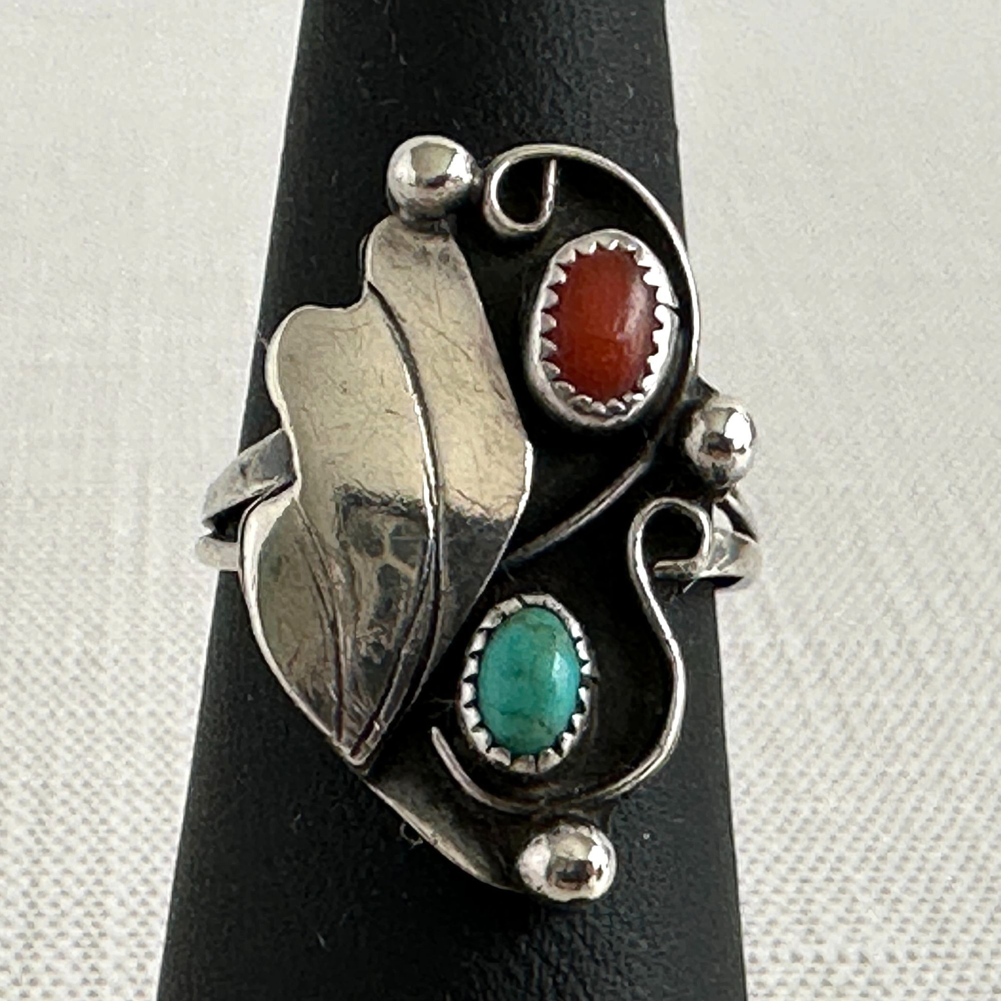 Native Native American Navajo Sterling Silver Turquoise and Coral R Size ONE SIZE - 7 Thumbnail