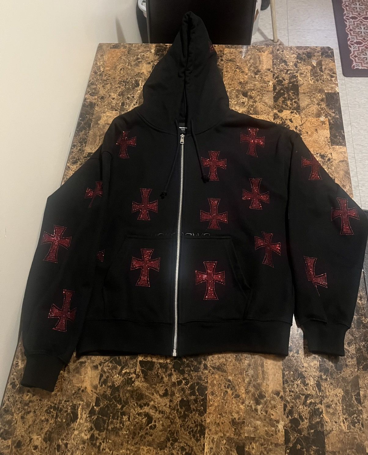 Unknown London Black & Red Rhinestone Hoodie XS