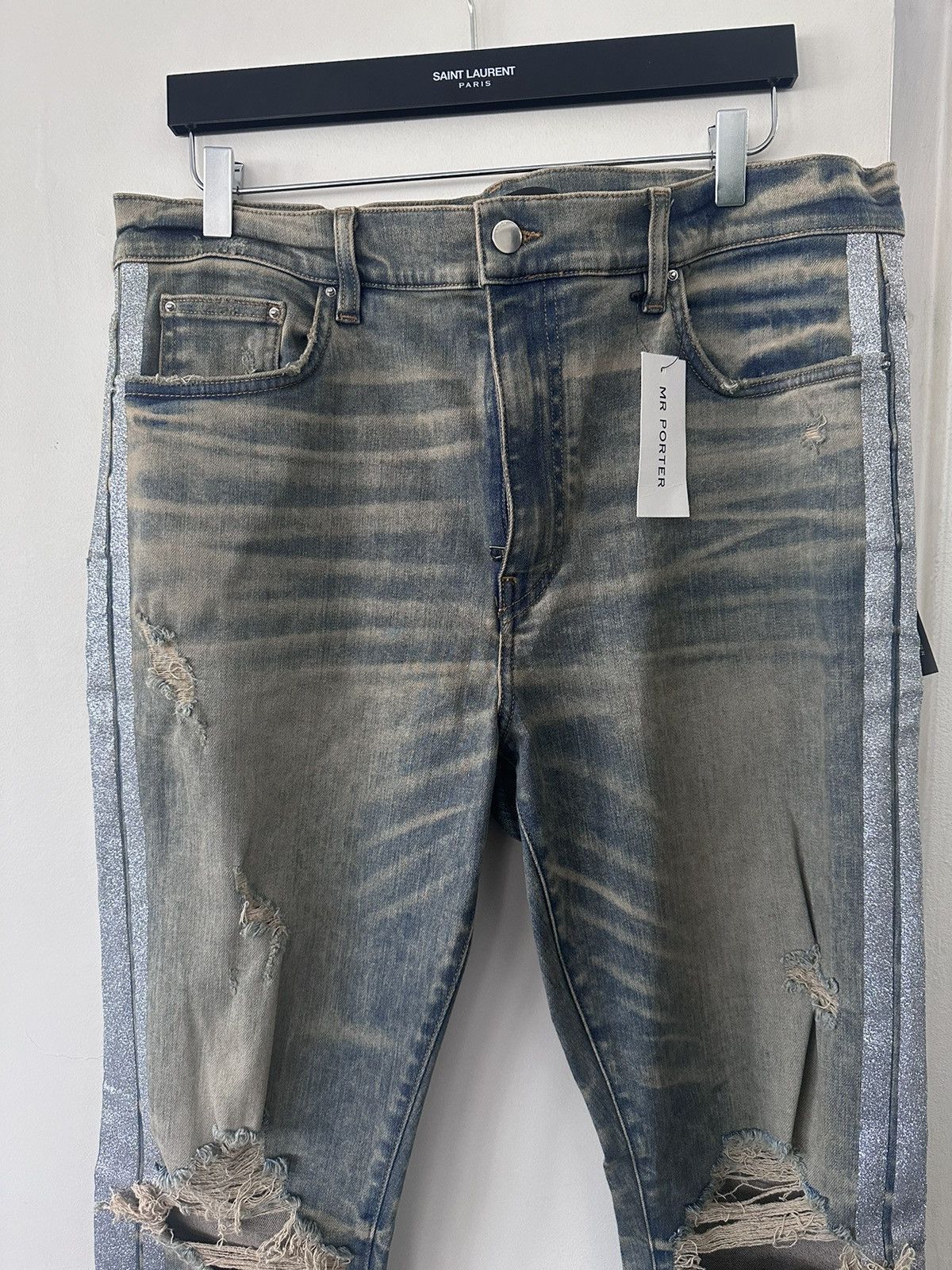 Amiri TRACK DISTRESSED GLITTERED STRETCH DENIM JEANS Size US 38 / EU 54 - 2 Thumbnail