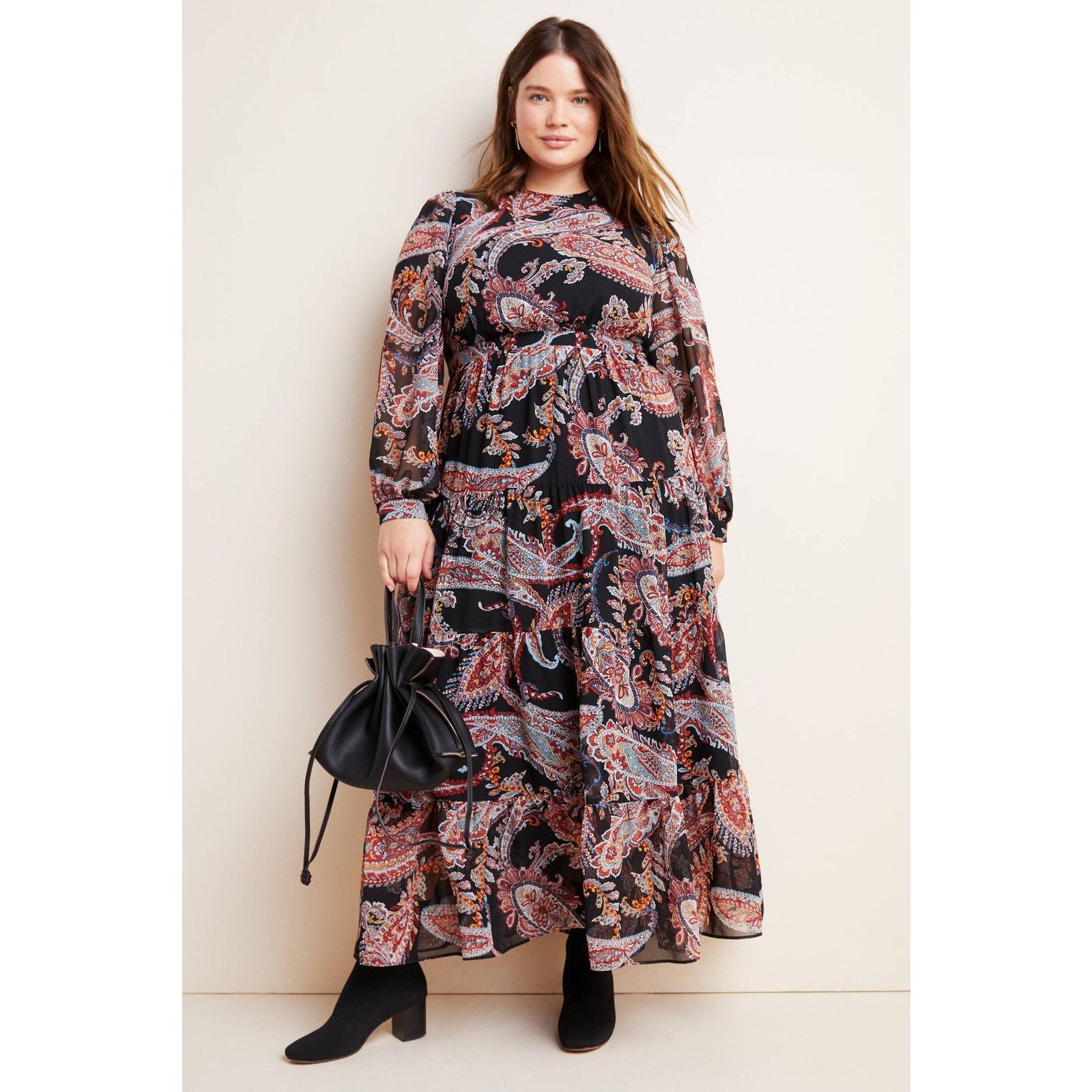 Anthropologie New Paisley Long Sleeve Maxi Dress $178 PLUS 16W Black Size XXL / US 16-18 / IT 52-54 - 4 Thumbnail