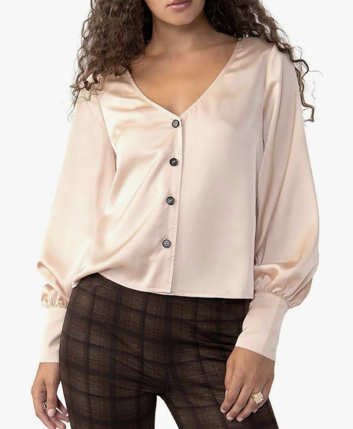 Other Sanctuary women’s L satin creamy golden button up deep V Size L / US 10 / IT 46 - 1 Thumbnail