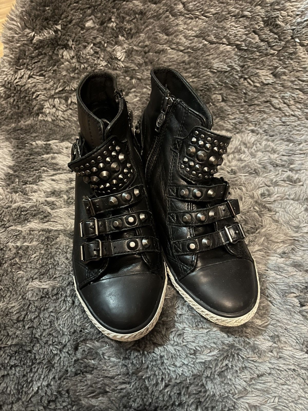 ASH Ash black leather studded wedges Size US 7 / IT 37 - 2 Thumbnail