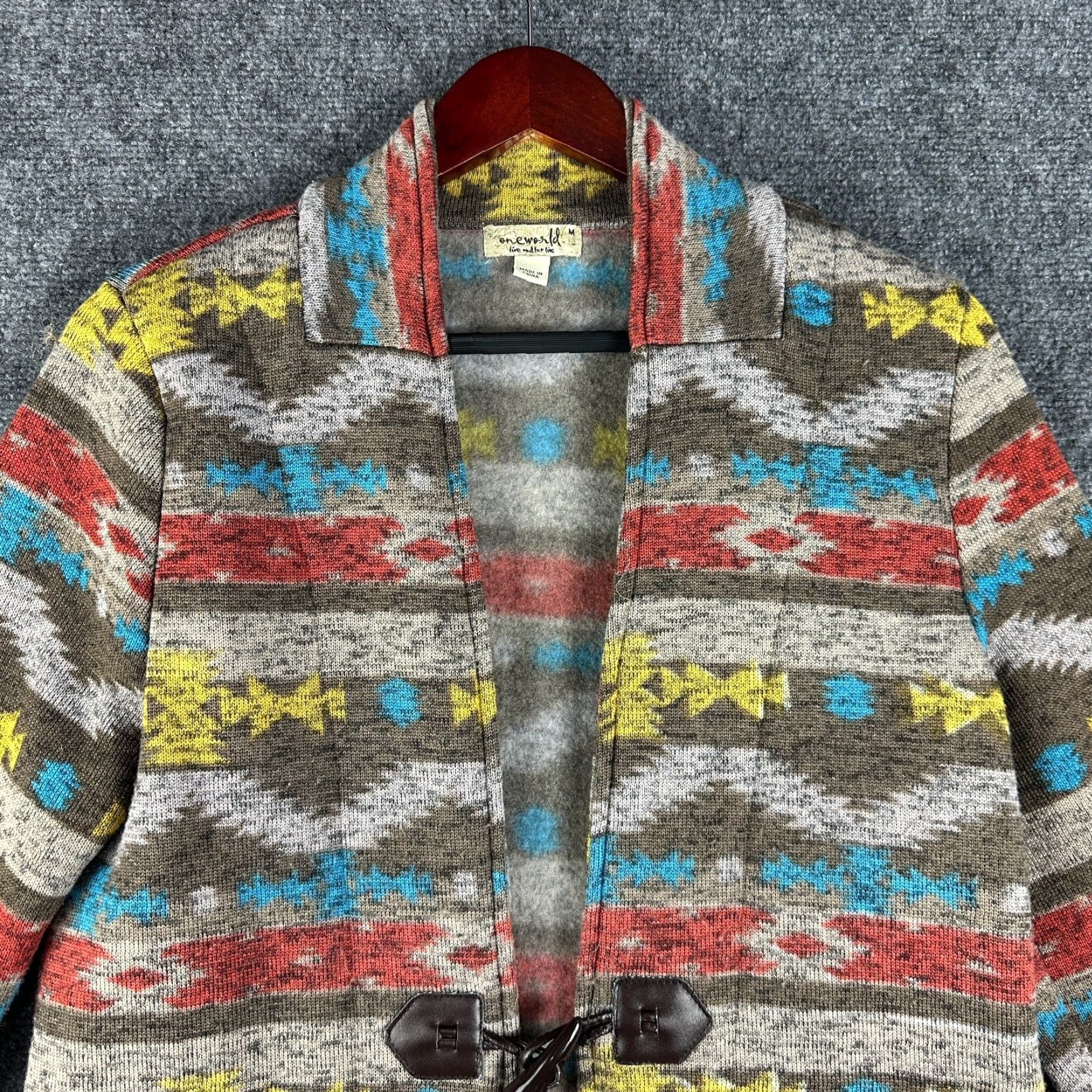 Vintage One World Cardigan Sweater Jacket Womens M Toggle Button Aztec Print" Size M / US 6-8 / IT 42-44 - 5 Thumbnail