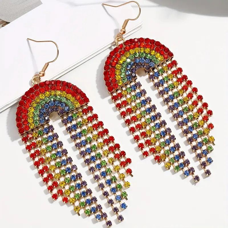 Other Rainbow Rhinestone Dangle Earrings Colorful Statement Size ONE SIZE - 1 Thumbnail