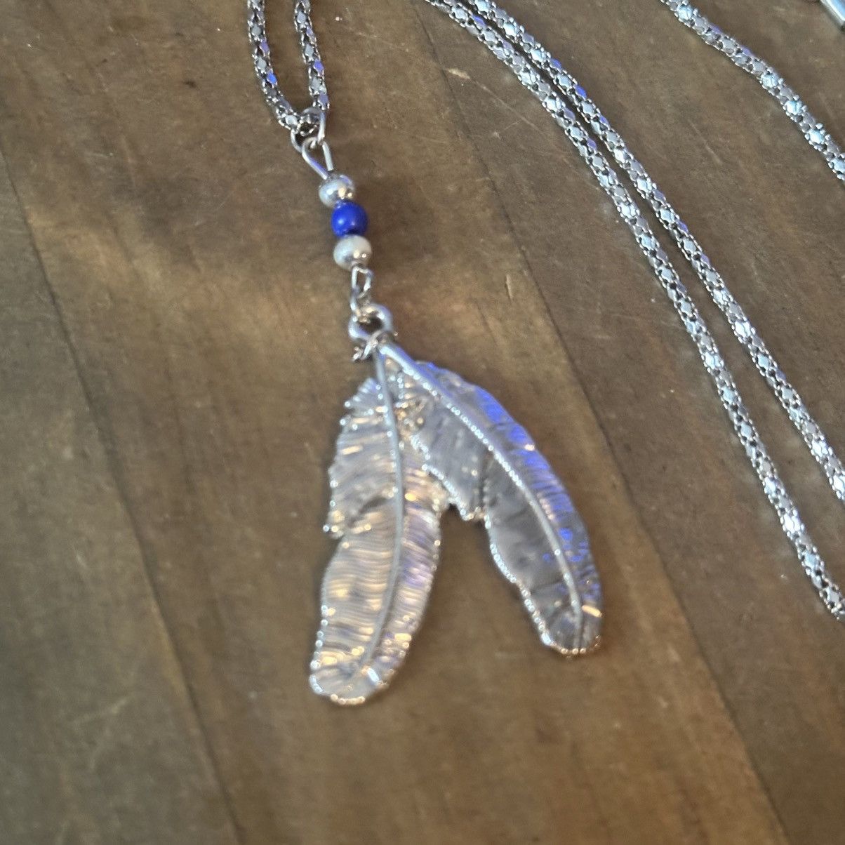 Vintage Vintage silver tone double feather drop pendant necklace Size ONE SIZE - 3 Thumbnail