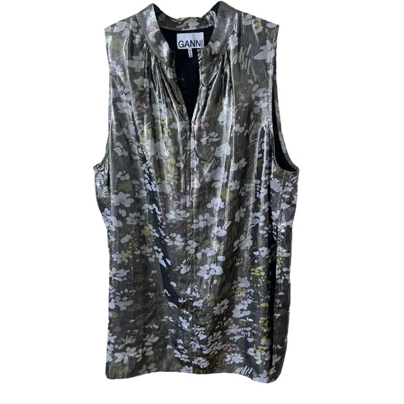Ganni Ganni Floral print silk blend Metallic top Olive Green Size S / US 4 / IT 40 - 2 Thumbnail