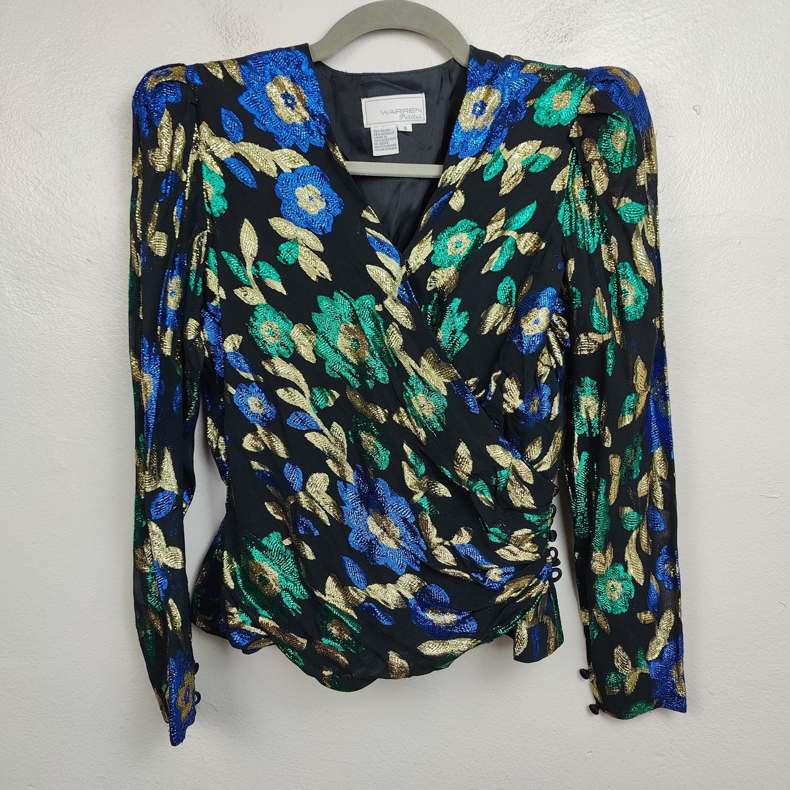 Other Vintage Warren Petites Metallic Wrap Top Womens 6 Black Size M / US 6-8 / IT 42-44 - 1 Thumbnail