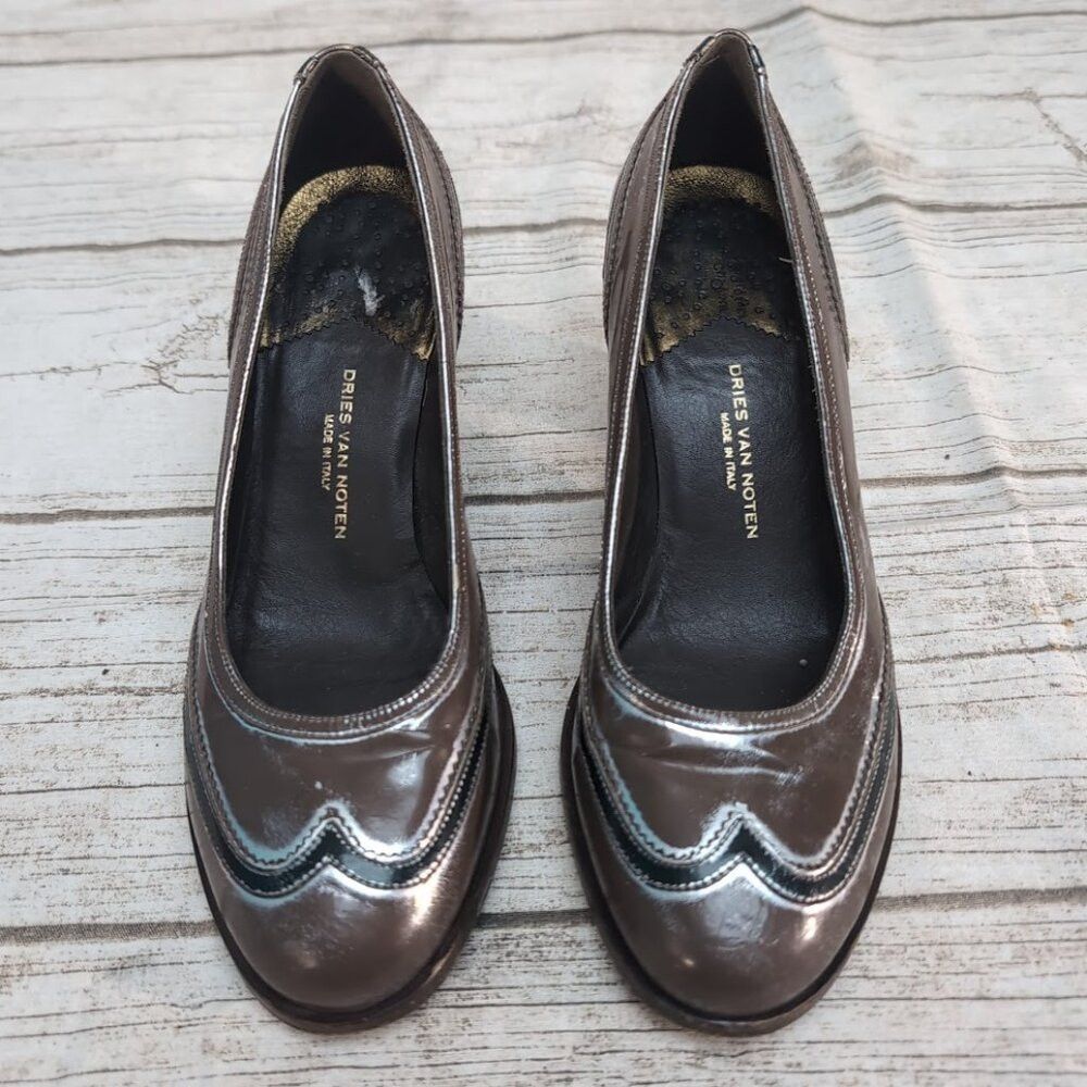 Dries Van Noten Dries Van Noten Brown and Silver Patent Almond Toe Pumps Wo Size US 7 / IT 37 - 1 Thumbnail