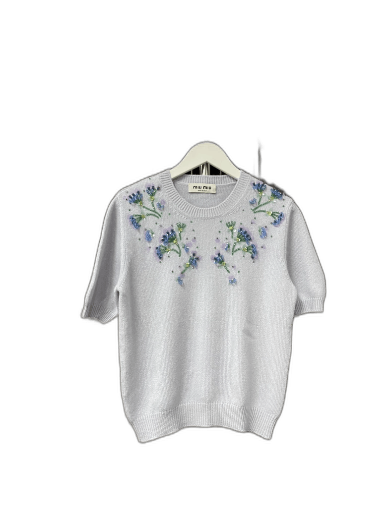 Miu Miu Miu Miu Short Sleeve Sweater with Embroidery Size L / US 10 / IT 46 - 1 Thumbnail