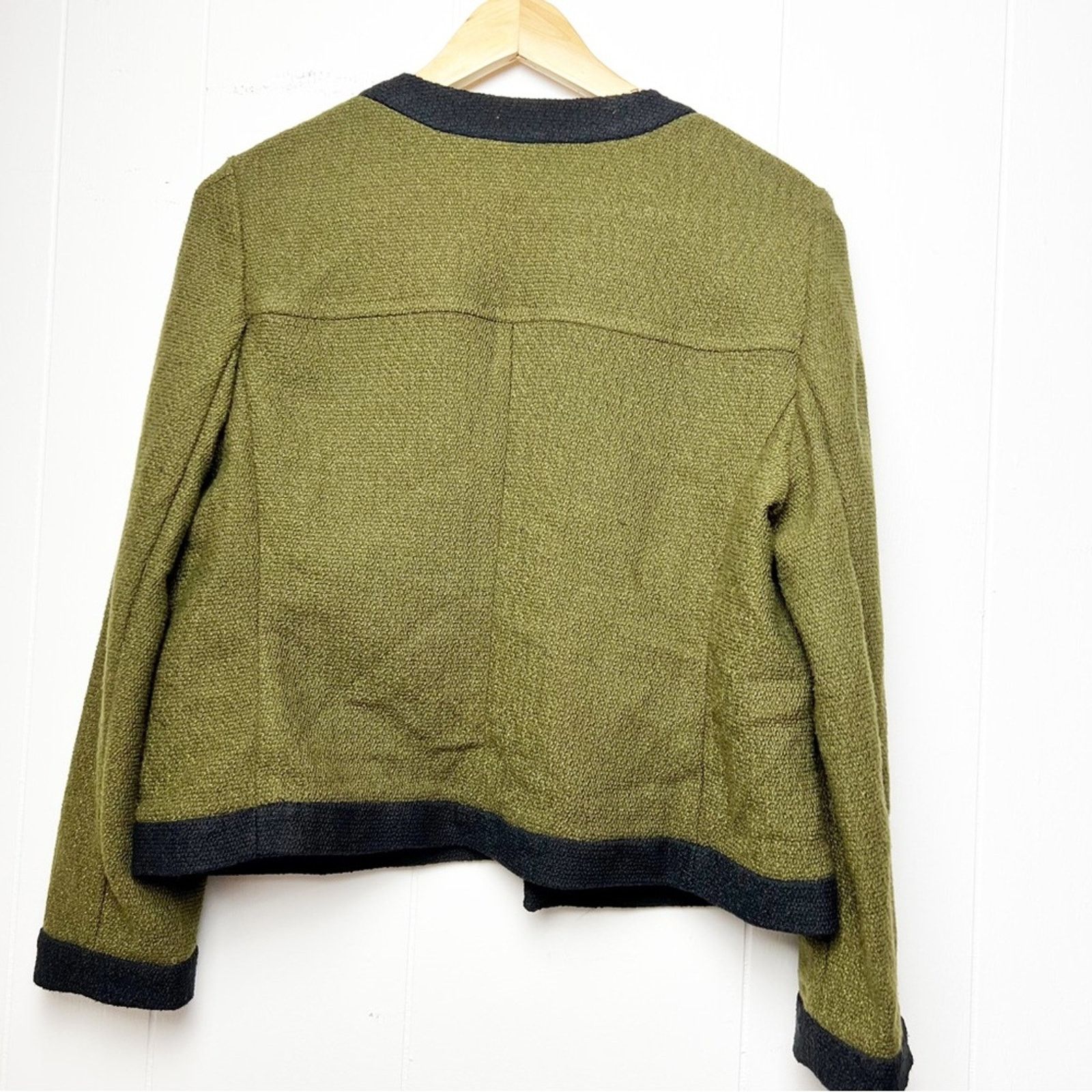 Ann Taylor AOlive Green Trim Open Front Nubby Cropped Jacket Womens Med Size M / US 6-8 / IT 42-44 - 7 Thumbnail