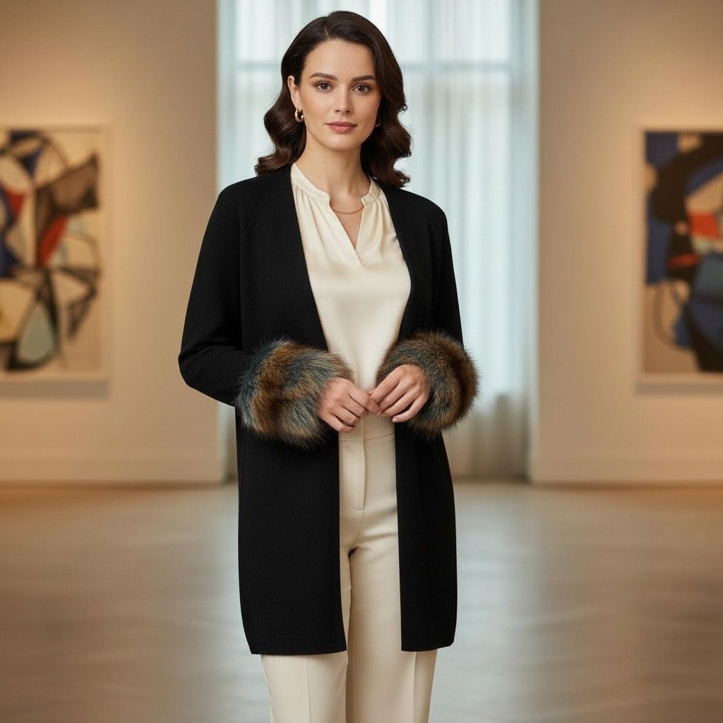 J.McLaughlin J. McLaughlin Cashmere Wool Fur Trim Sleeve Elevated Cardi Size XS / US 0-2 / IT 36-38 - 1 Thumbnail