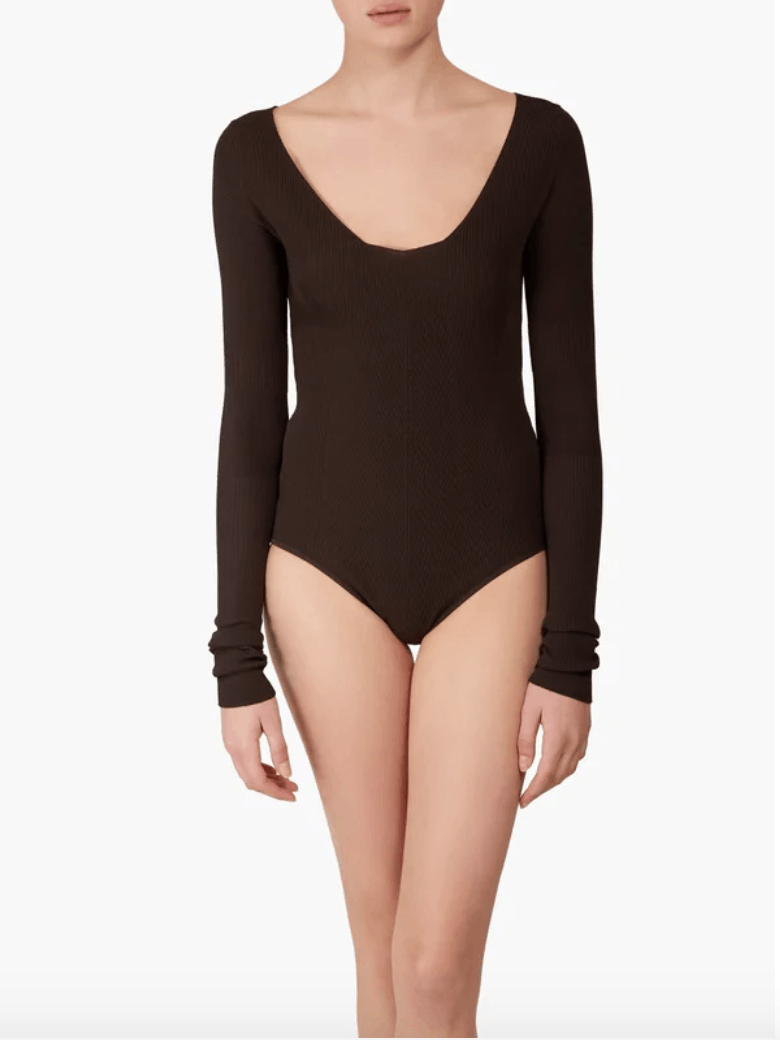image of Bottega Veneta Brown Long-Sleeved Rib Knit Bodysuit, Women's (Size Medium)