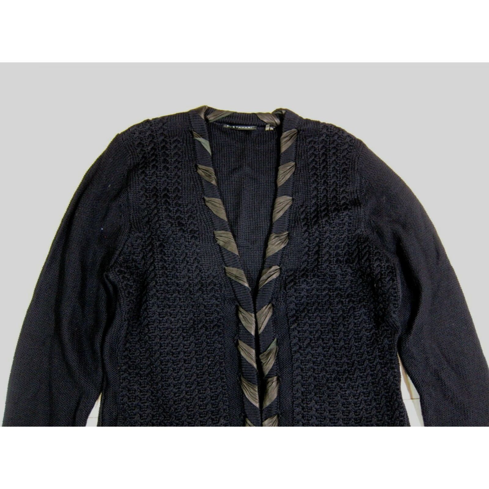 Elie Tahari VINTAGE Elie Tahari Cardigan Navy Blue 100% Wool Knit Women Large Open Neck Leather Trim Cardigan Sweater Size L / US 10 / IT 46 - 5 Thumbnail
