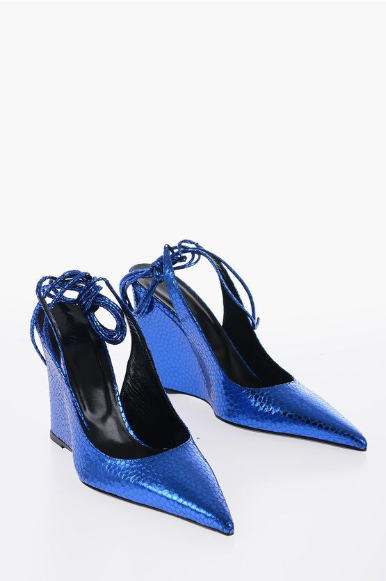 image of By Far Animal Effect Leather Lace-Up Slingback With Wedge 10,5Cm Shoes in Blue, Women's (Size 7)