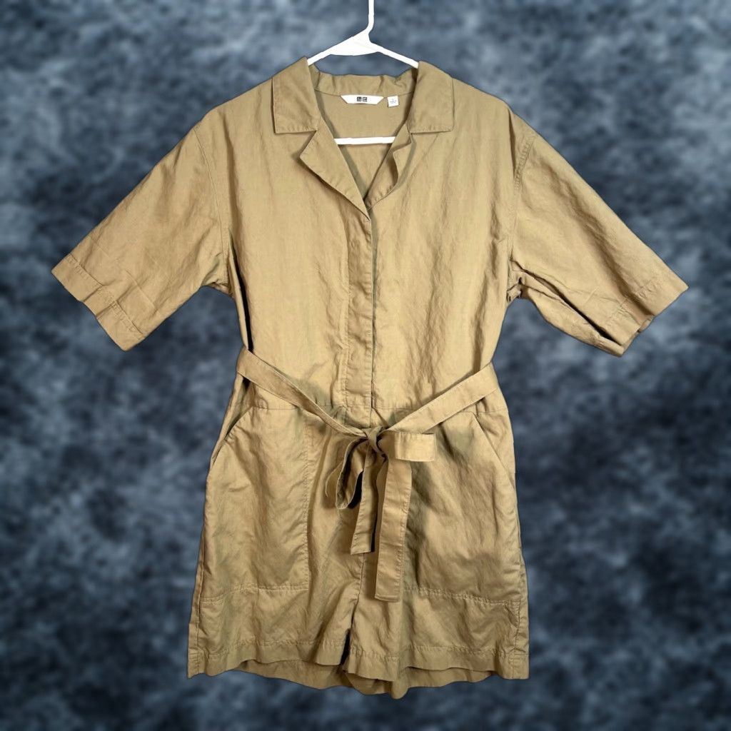 Uniqlo Uniqlo Jumpsuit Womens Size L Khaki Linen Blend Belt Wide-Leg Casual One-Piece Shirt Womens L Khaki Linen-Blend Jumpsuit with Belt Size 36" / US 14 / IT 50 - 1 Thumbnail