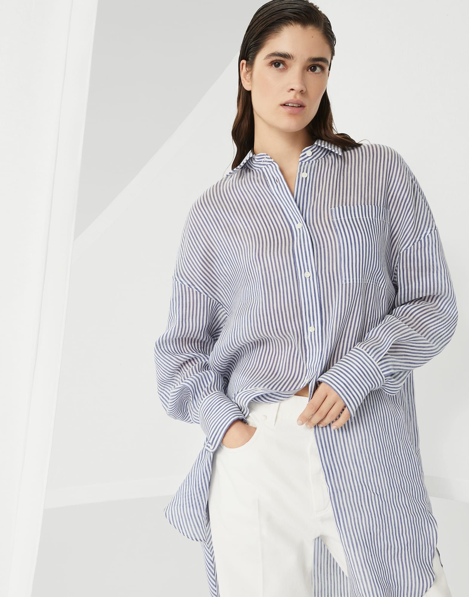 Brunello Cucinelli o1la1rc1a0326 Striped Linen And Silk Organza Long Shirt Size M / US 6-8 / IT 42-44 - 4 Thumbnail