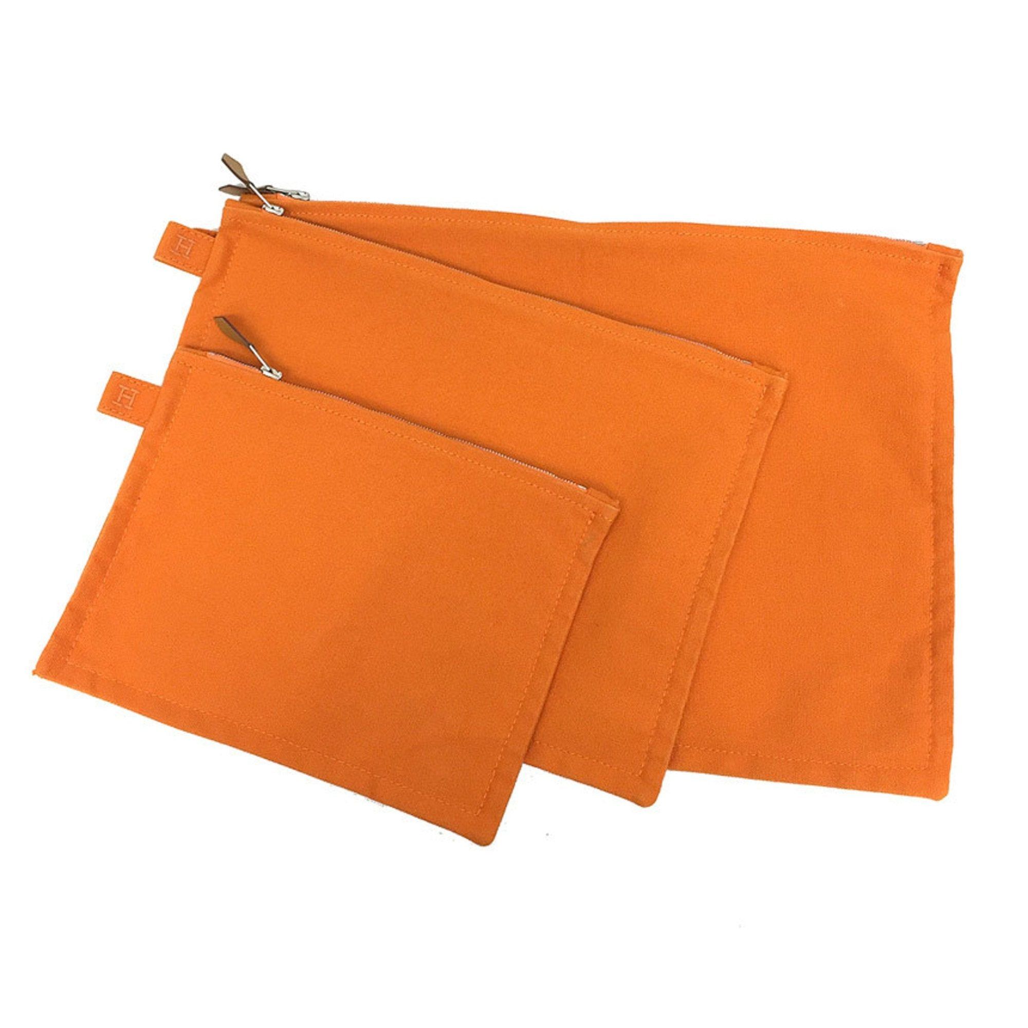 image of Hermes Bora Pouch 3 Piece Set Flat Clutch Bag Cotton Canvas Orange Aq6172, Women's