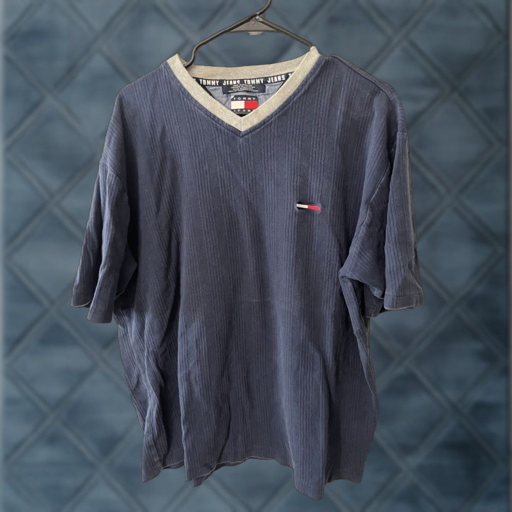 Tommy Hilfiger VINTAGE Tommy Hilfiger Tommy Jeans Pullover Sweater Long Sleeve V-Neck Ribbed Blue XL Men - 2000s Shirt? Size US XL / EU 56 / 4 - 1 Thumbnail