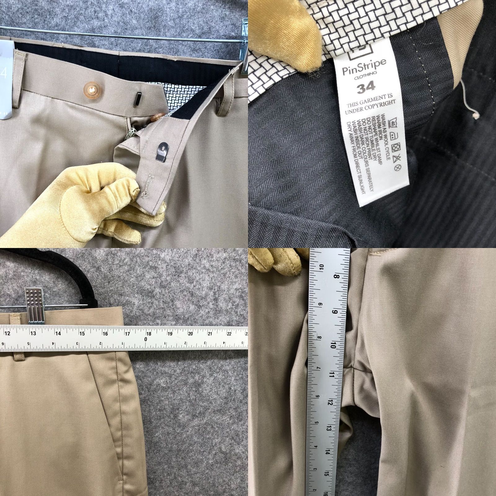 Vintage Pinstripe Clothing Mens Dress Pants Beige Khaki 34 Unhemmed Slim Tapered Flat Front Polyester Blend Zip Fly Quality Workwear NWT Size US 34 / EU 50 - 8 Thumbnail