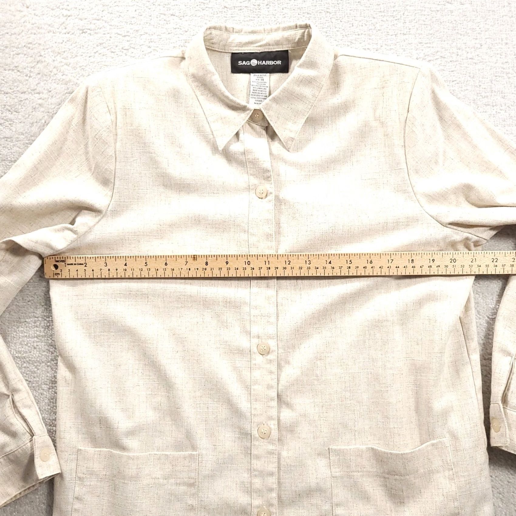 Vintage Sag Harbor Womens 14 Linen Blend Tan Beige Button-Up Top Shoulder Pads Pockets Shirt Casual Womens Size XL / US 12-14 / IT 48-50 - 3 Thumbnail