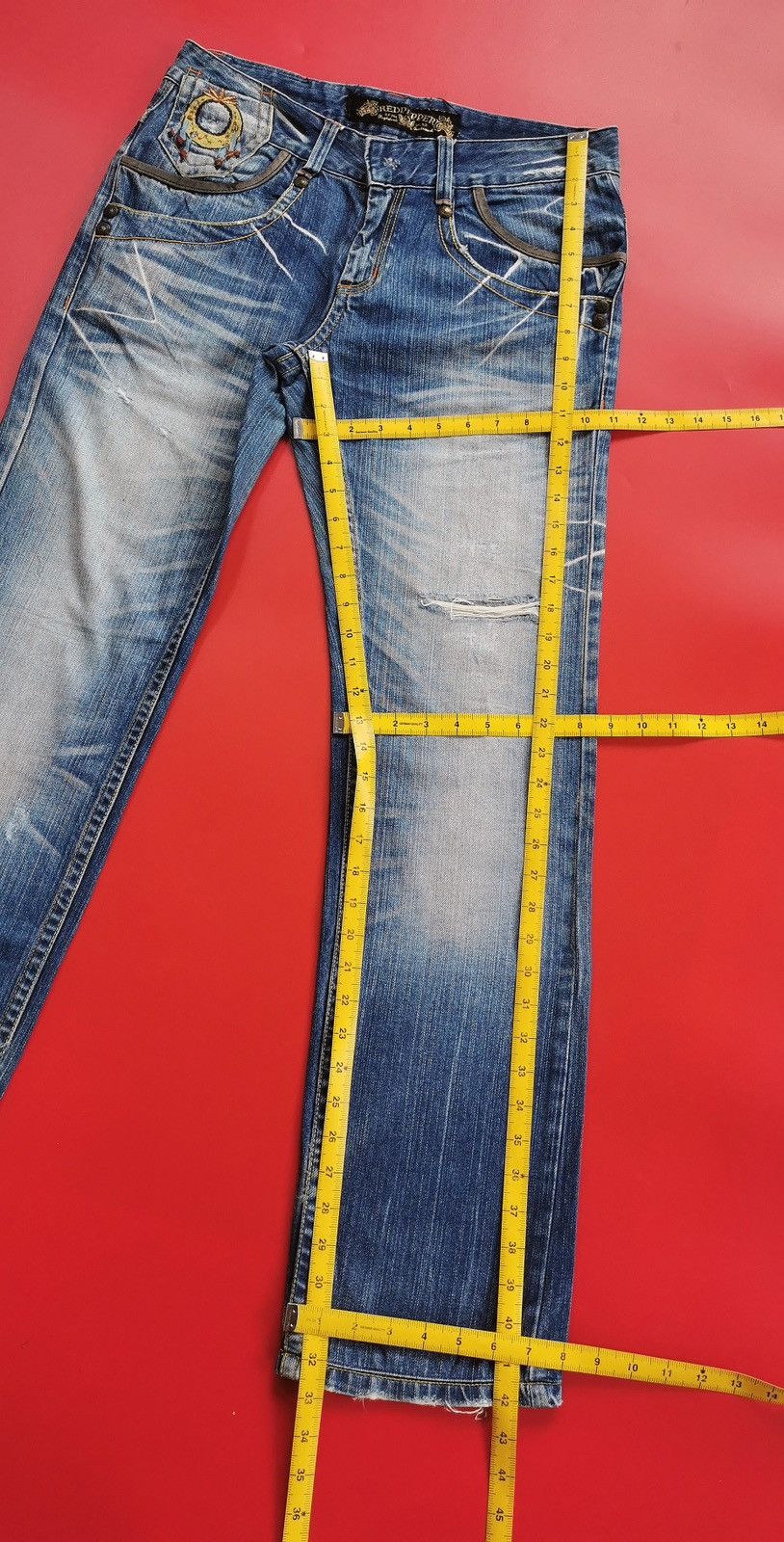 If Six Was Nine Red Pepper Red Indian Embroidery Denim Jeans Size US 32 / EU 48 - 19 Thumbnail