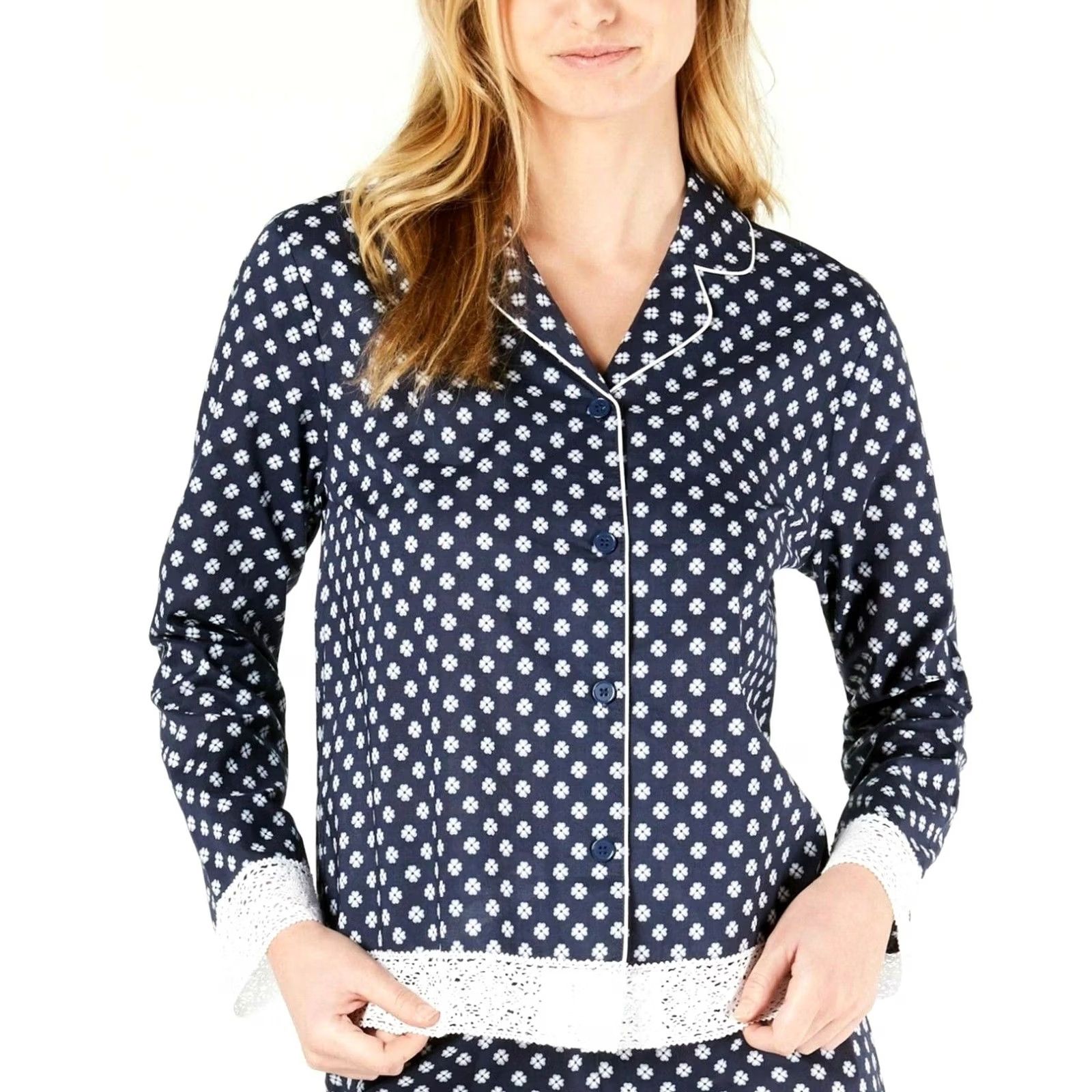 Charter Club Charter Club Pajama Top Notch Collar Lace Trim Cotton Navy Floral Medium Women Shirt Model 6956 Size M / US 6-8 / IT 42-44 - 2 Thumbnail