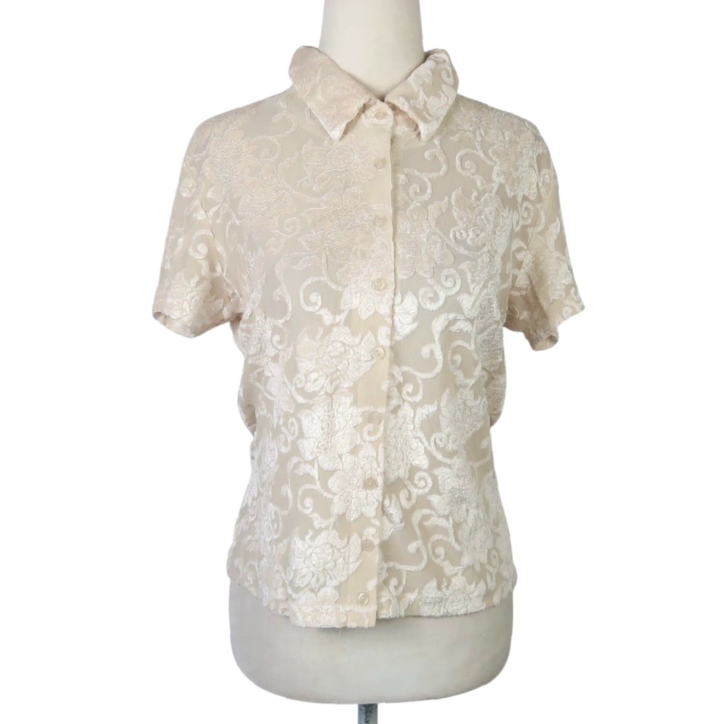 Vintage VINTAGE 90s Cream Velvet Floral Short Sleeve Button-Down Top M Women Button-Up Size M / US 6-8 / IT 42-44 - 2 Thumbnail