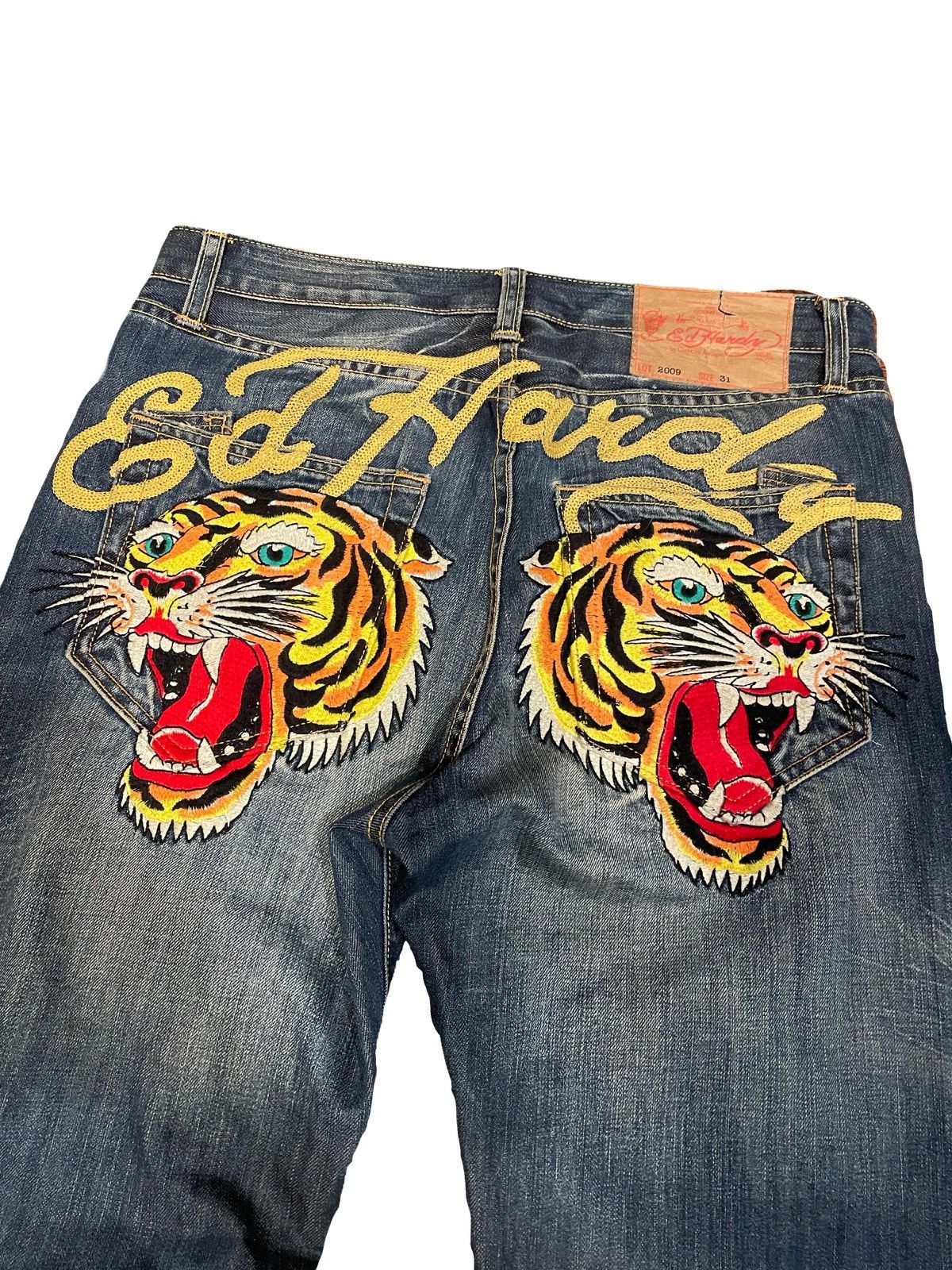 Ed Hardy × Vintage Y2K 2009 Ed Hardy Embroidered Tiger Baggy Flared Denim Size US 32 / EU 48 - 1 Thumbnail