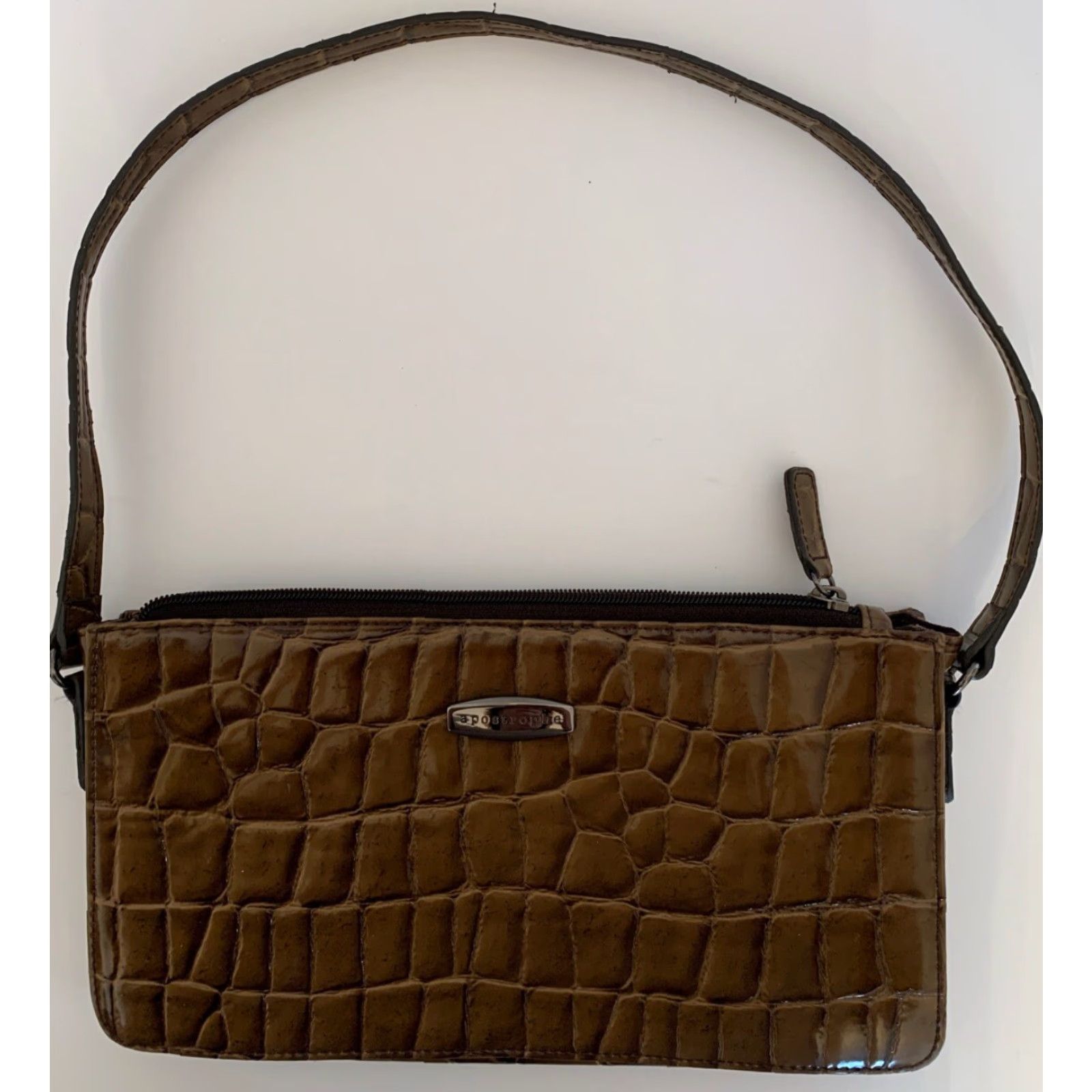 Vintage Apostrophe Purse Brown Patent Embossed Croc Faux Leather Handbag Size ONE SIZE - 3 Thumbnail