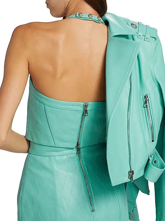 Balmain o1s1wg110725 Leather Halter Bustier Top in Mint Green Size S / US 4 / IT 40 - 5 Thumbnail