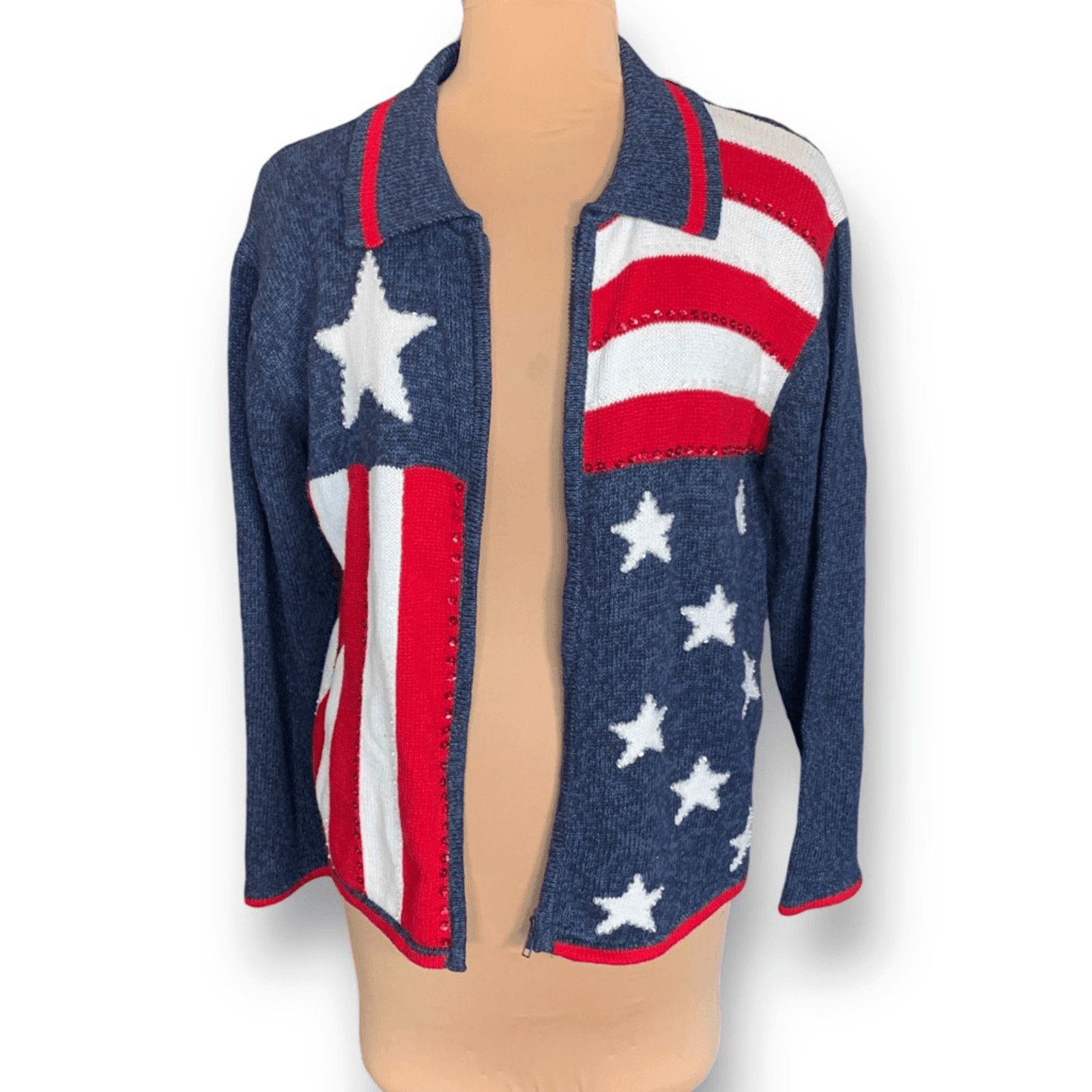 Vintage Vintage Y2K Patriotic Zip Cardigan Sweater Large Blue Red Size L / US 10 / IT 46 - 5 Thumbnail