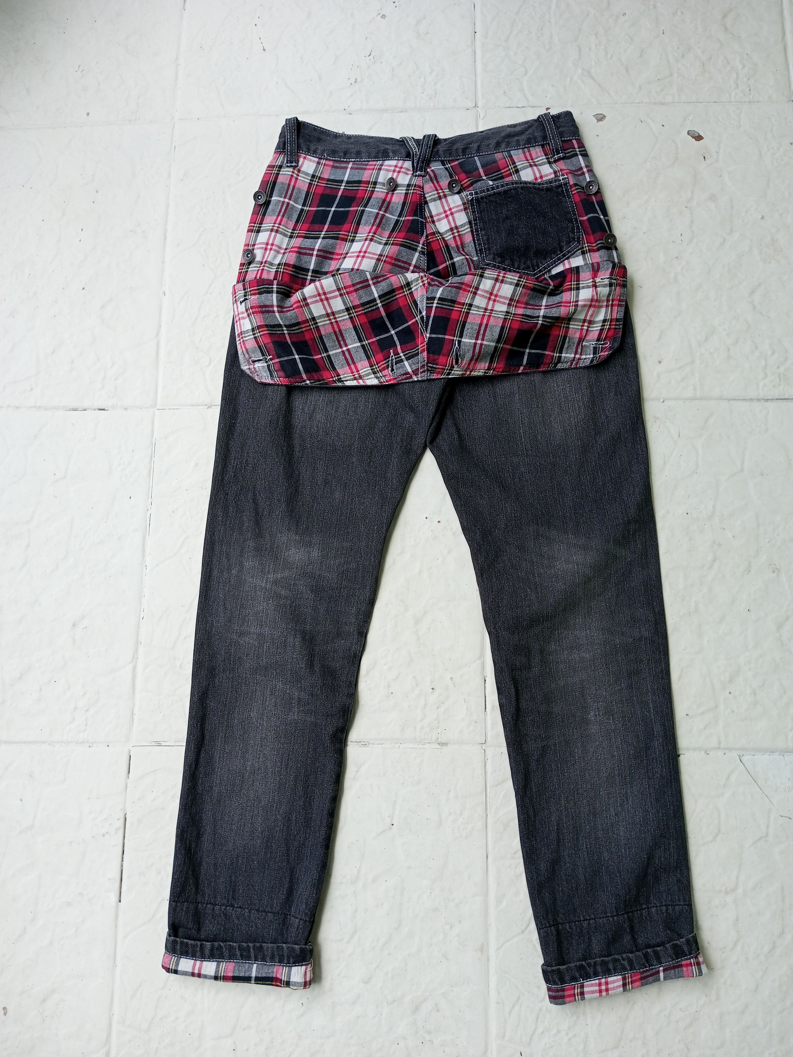 Japanese Brand Vtg Japanese Brand Tartan Layered Denim Pants Punk Style Size US 32 / EU 48 - 1 Thumbnail