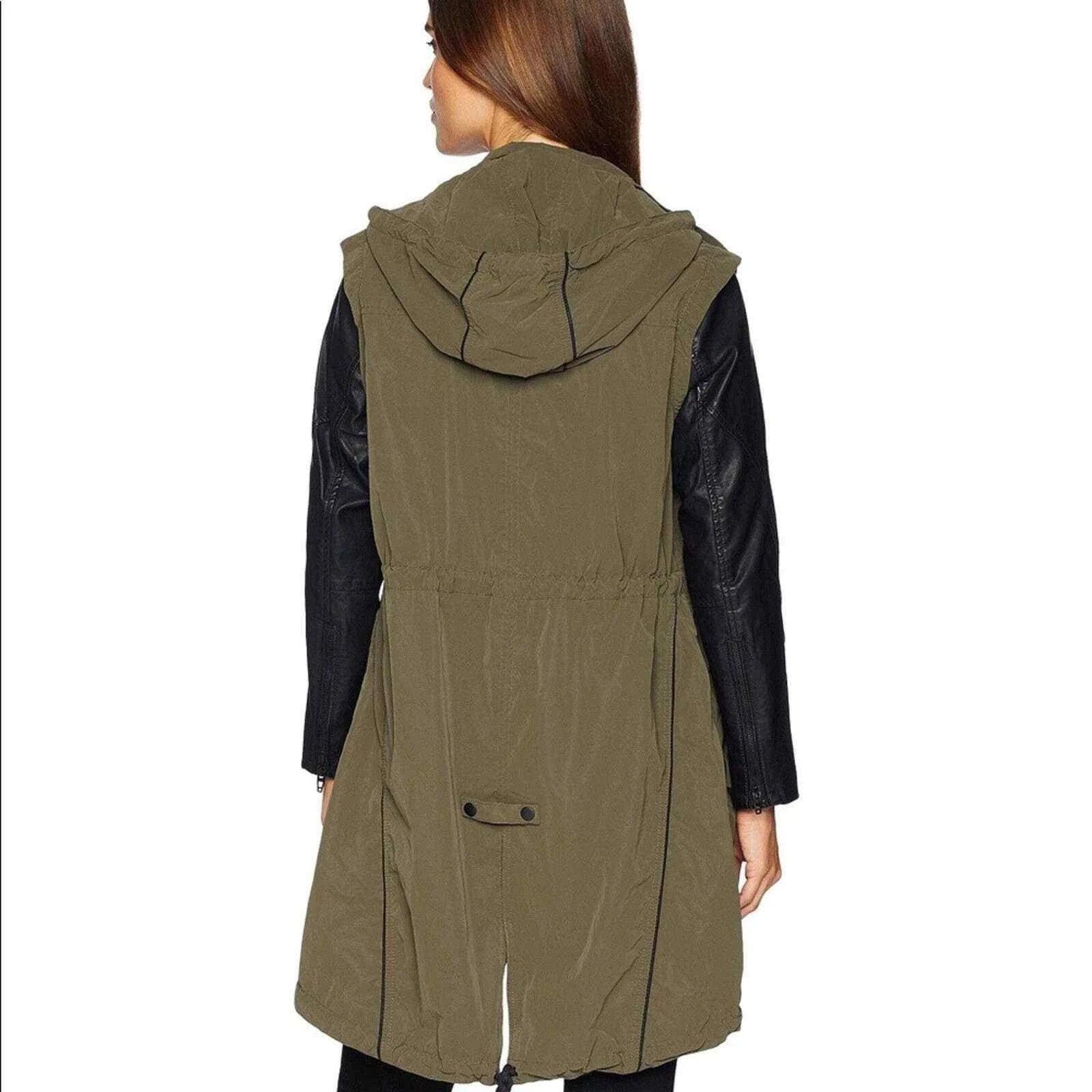 BLANKNYC Hooded Vegan Leather & Nylon Rain Jacket in Olive Green Size S / US 4 / IT 40 - 3 Thumbnail