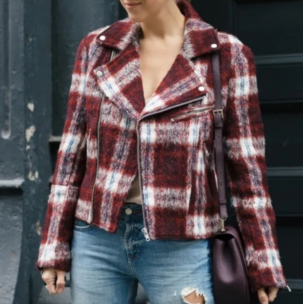 Slate & Stone Slate & Stone Plaid Red/White Wool-Blend Moto Jacket Size S / US 4 / IT 40 - 3 Thumbnail