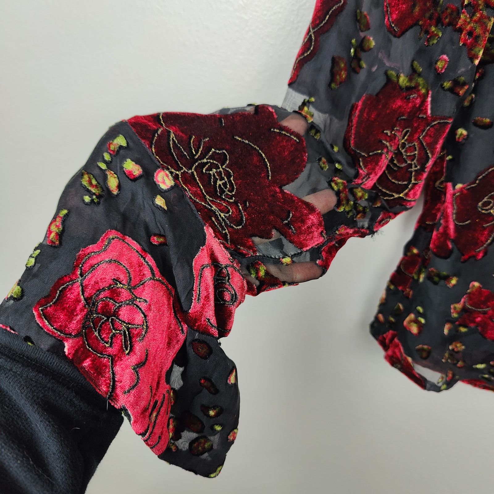 Other Vintage 90s Silkland Wrap Top Womens 8 Black Red Velvet Size M / US 6-8 / IT 42-44 - 4 Thumbnail
