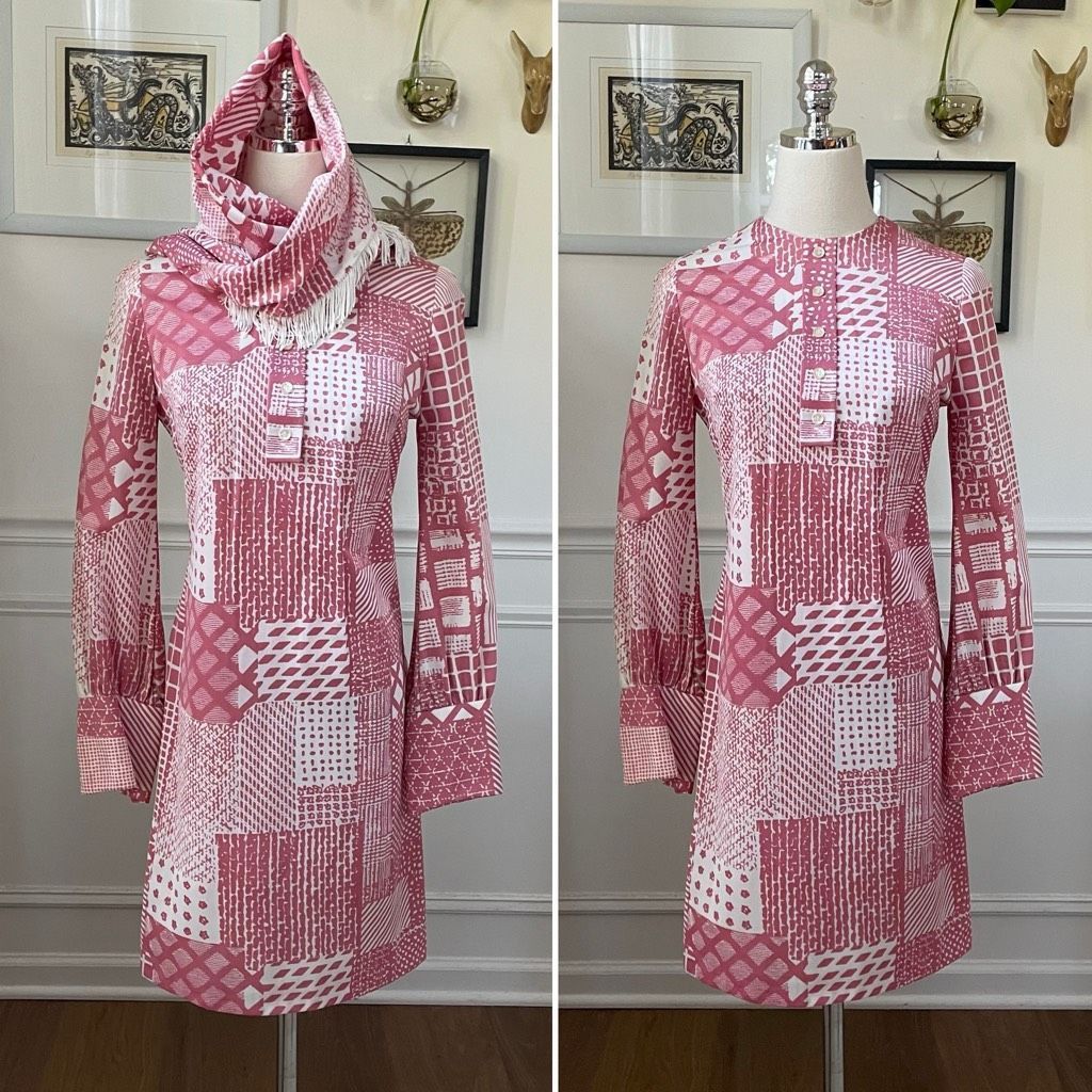 Vintage 70s Mauve Pink White Retro Print Shift Dress Scarf X
