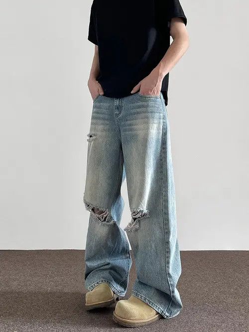 VIBE Blue Baggy Distressed Denim Jeans, Loose Wide Leg Jeans Size US 28 / EU 44 - 6 Thumbnail