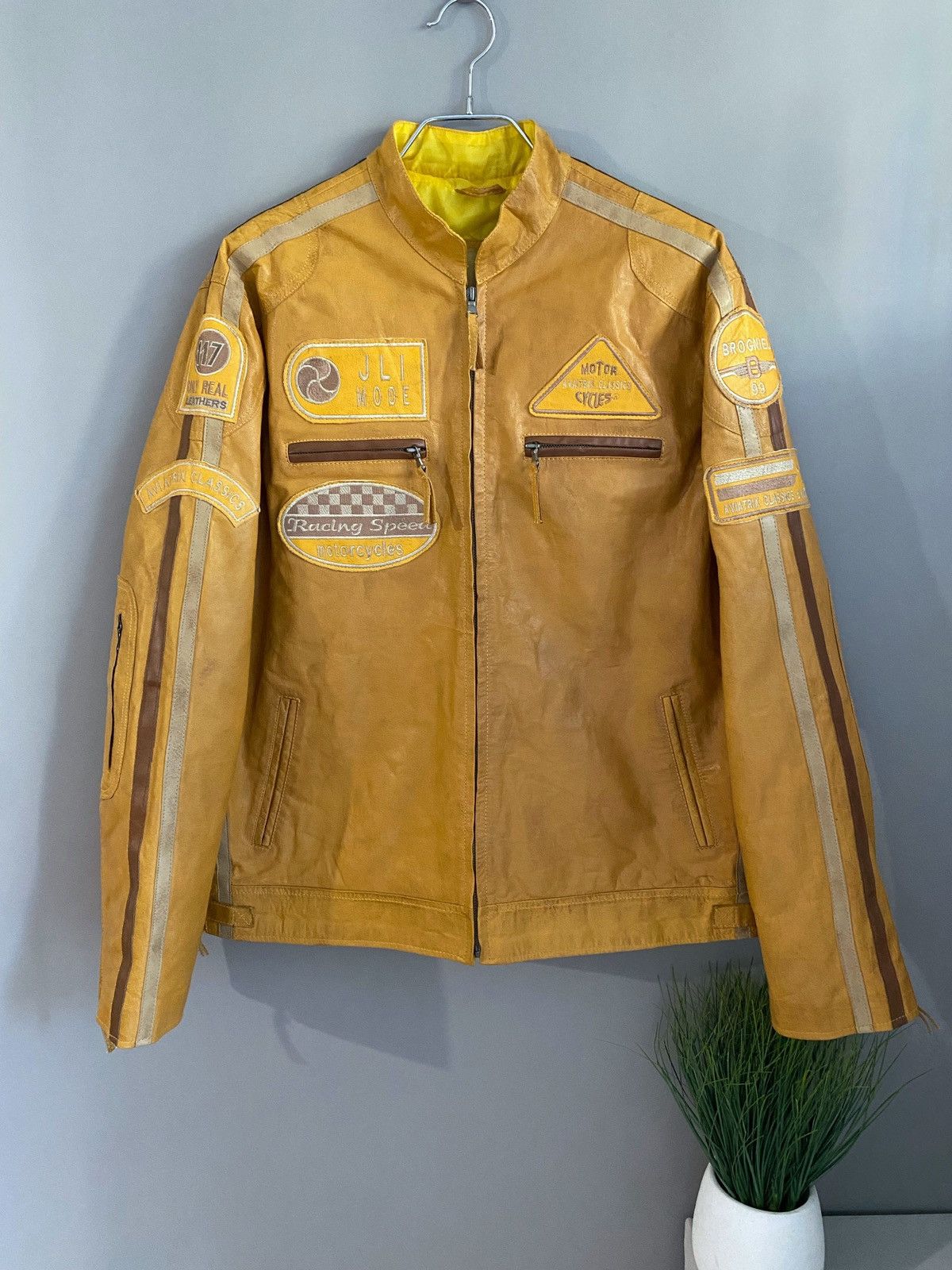 image of Moto x Racing Aviatrix Men’S Y2K Racing Leather Jacket in Yellow, Men's (Size XL)