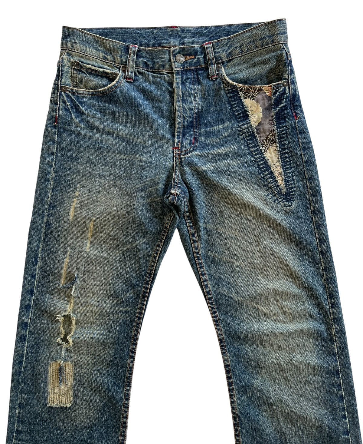 Japanese Brand Takeo Kikuchi Patchwork Distressed Sashiko Boro Denim Size US 30 / EU 46 - 2 Thumbnail