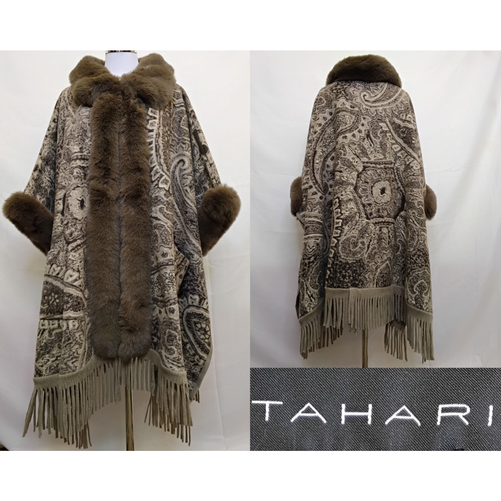 Elie Tahari Tahari Shawl One Size Brown Paisley Fur Trim Fringe NWT Size L / US 10 / IT 46 - 1 Thumbnail